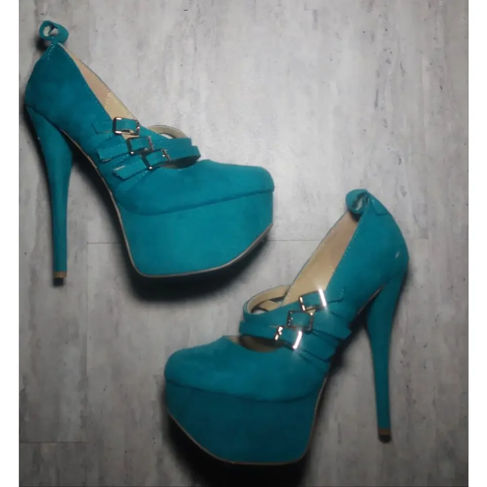 Y2K Teal Platform Heels Triple Buckle Pumps